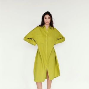 Zara Lime Green Oversized Long Linen Button down MIDI Shirt Dress